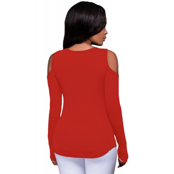 Red Long Sleeve Cut-out Shoulder Ribbed Top