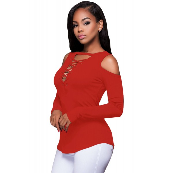 Red Long Sleeve Cut-out Shoulder Ribbed Top