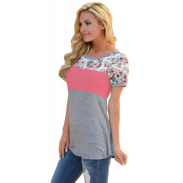 Floral Print Pink Gray Colorblock T-shirt