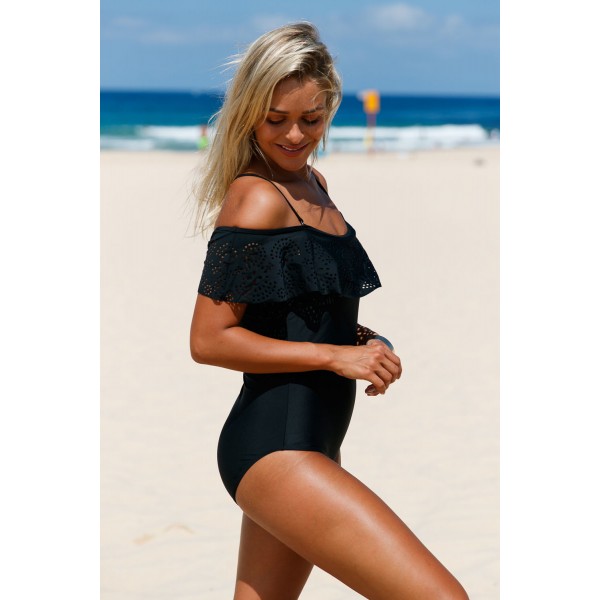 Black Flounce Off Shoulder One Piece Swimsuit