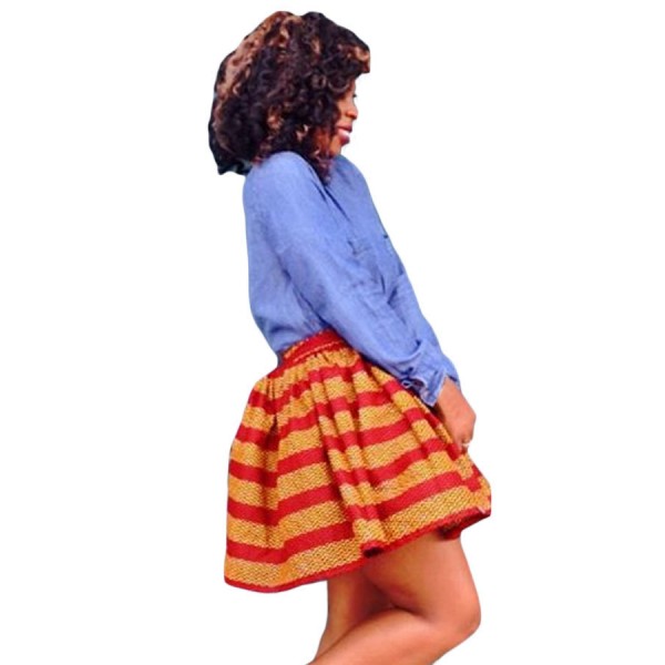 Red Orange Print Skater African Style Mini Skirt