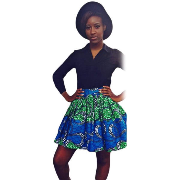 Greenish Print Skater African Style Mini Skirt