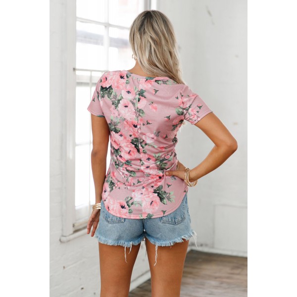 Dusty Pink Floral V Neck Short Sleeve T-shirt