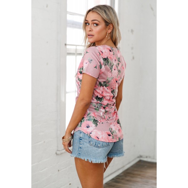 Dusty Pink Floral V Neck Short Sleeve T-shirt