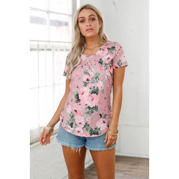 Dusty Pink Floral V Neck Short Sleeve T-shirt