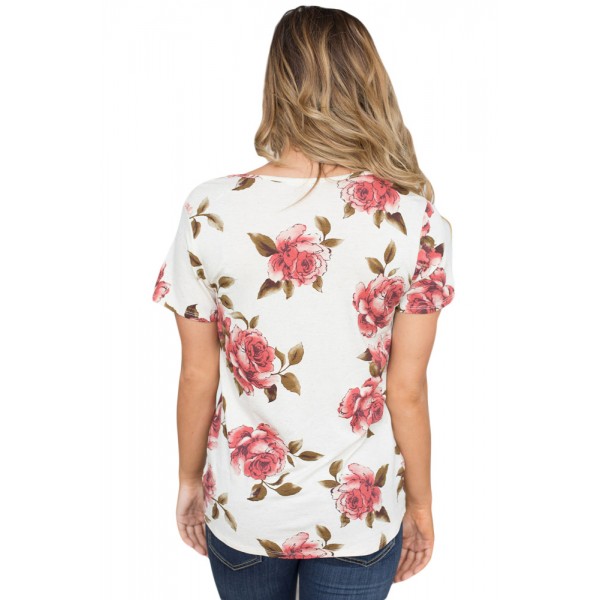 Strappy Neck Detail White Floral Short Sleeve T-shirt