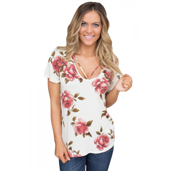 Strappy Neck Detail White Floral Short Sleeve T-shirt