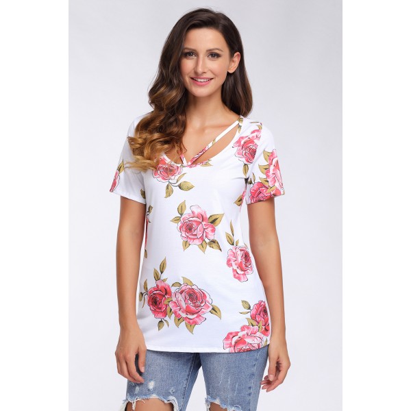 Strappy Neck Detail White Floral Short Sleeve T-shirt