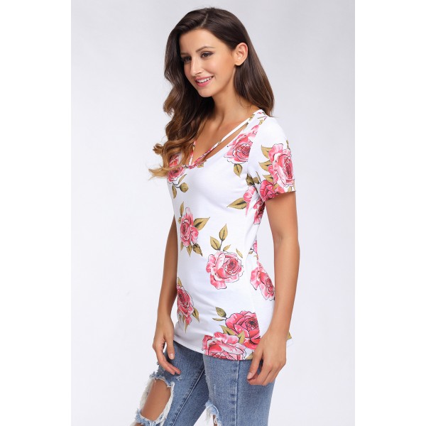 Strappy Neck Detail White Floral Short Sleeve T-shirt