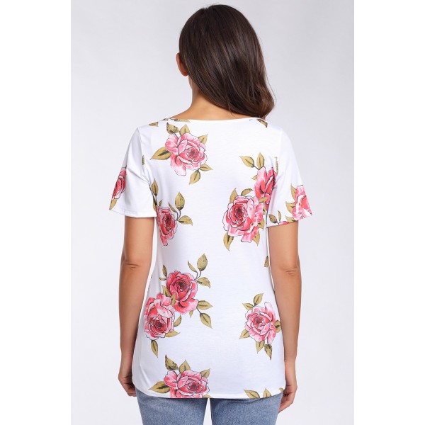 Strappy Neck Detail White Floral Short Sleeve T-shirt