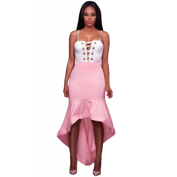 Pink Ruffle Hemline Splice High Low Skirt