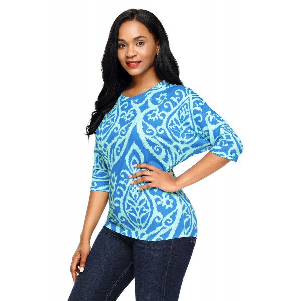 Royal Blue Aqua Damask Print Half Sleeve Top