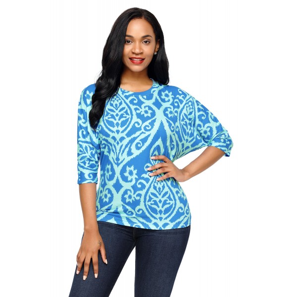 Royal Blue Aqua Damask Print Half Sleeve Top