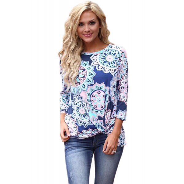 Blue Long Sleeve Knotted Boho Print Blouse