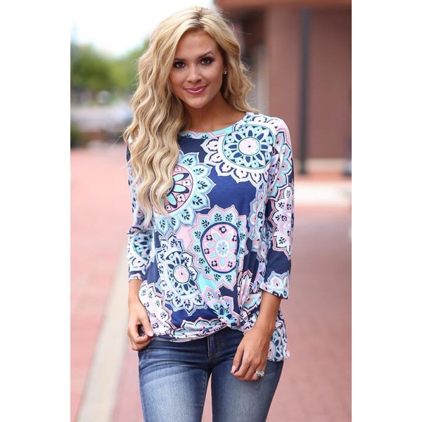 Blue Long Sleeve Knotted Boho Print Blouse