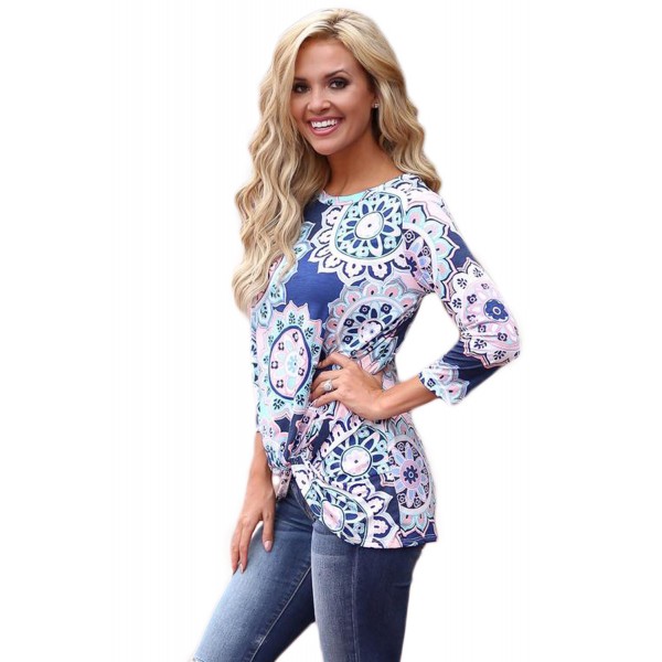 Blue Long Sleeve Knotted Boho Print Blouse