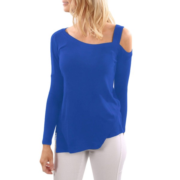 Blue One Shoulder Long Sleeve Top with Slit