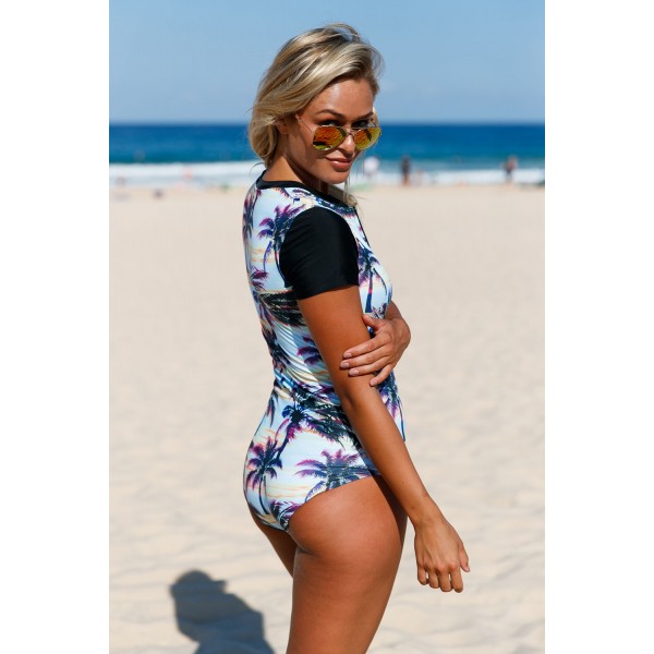 Beach Sunset Zip Front Half Sleeve One Piece Swimsuit