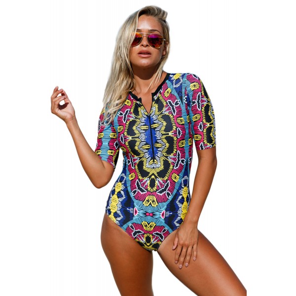 Abstract Print Zip Front Half Sleeve One Piece Swimsuit