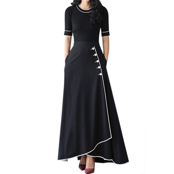 Black Piped Button Embellished High Waist Maxi Skirt