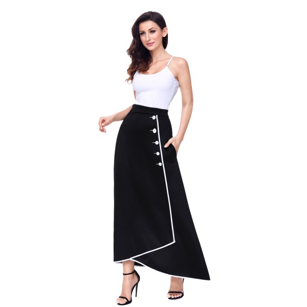 Black Piped Button Embellished High Waist Maxi Skirt