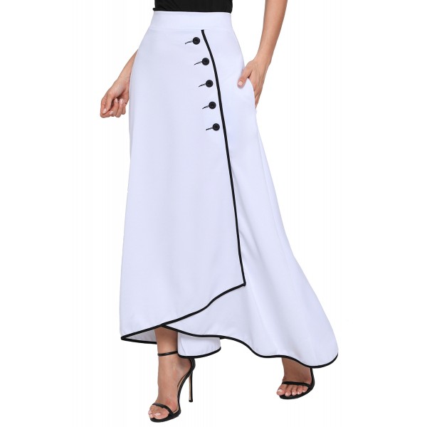 White Piped Button Embellished High Waist Maxi Skirt