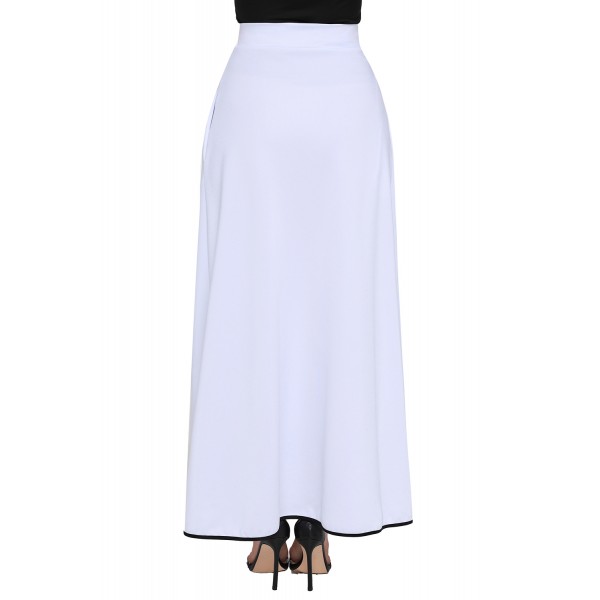 White Piped Button Embellished High Waist Maxi Skirt