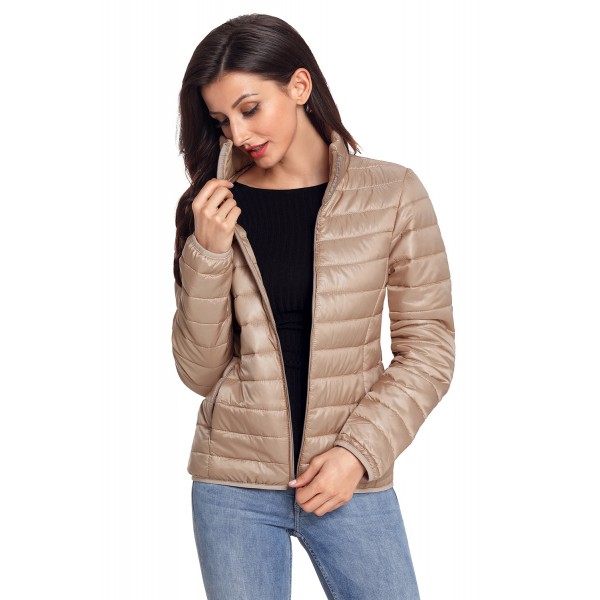 Khaki High Neck Quilted Cotton Jacket