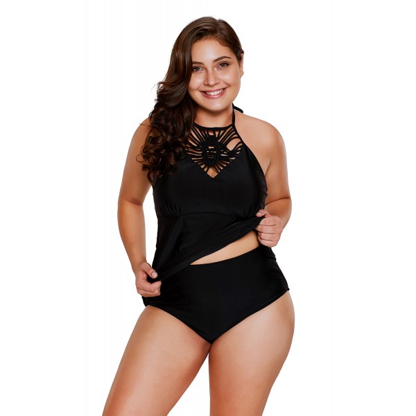 Black Macrame High Neck 2pcs Bathing Suit