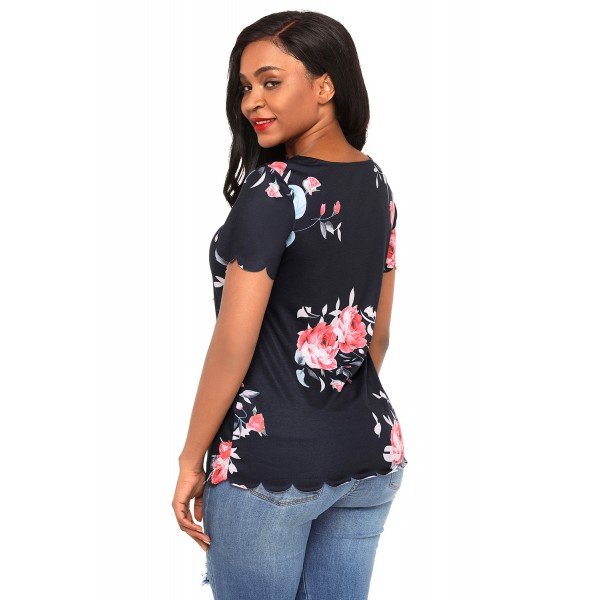 Black Pink Floral Scalloped Top