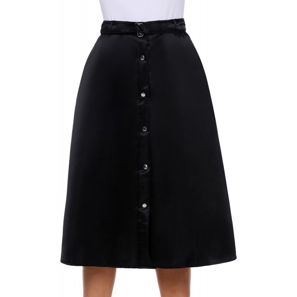 Elegant Retro Style Buttons Front Flared Midi Skirt in Black