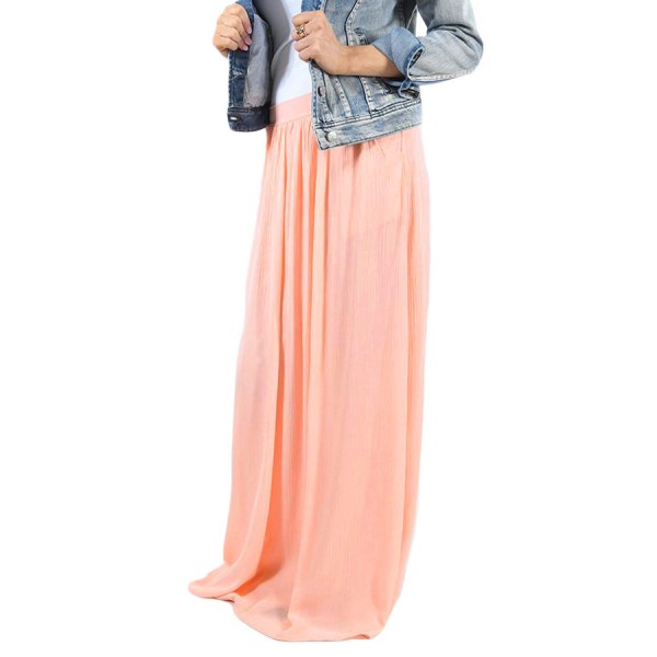 Peachy Pink Elastic Waist Pleated Gauze Maxi Skirt with Lining