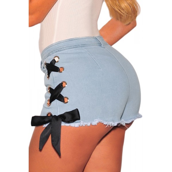 Light Denim Ribbon Lace Up Sides Hot Shorts