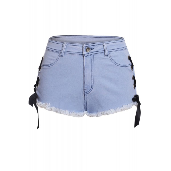 Light Denim Ribbon Lace Up Sides Hot Shorts