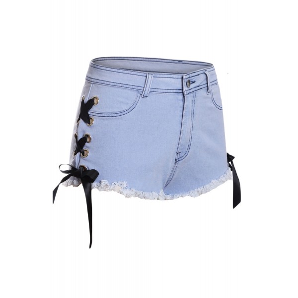 Light Denim Ribbon Lace Up Sides Hot Shorts