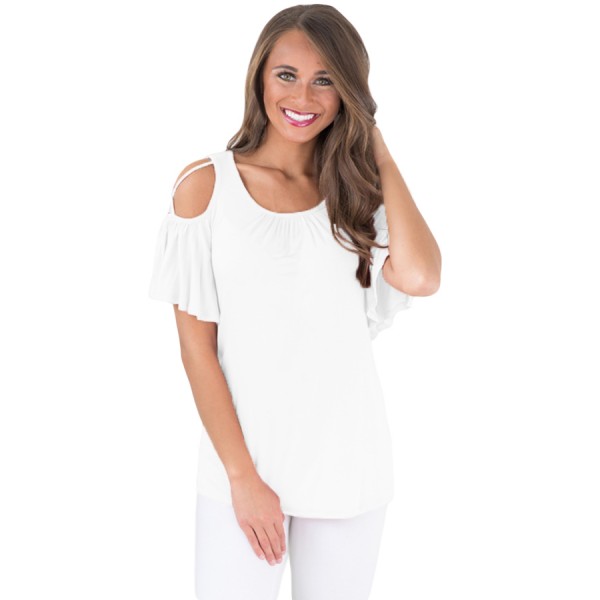 White Crisscross Cold Shoulder Ruffle Sleeve Top