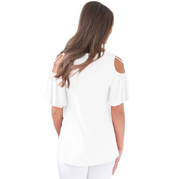 White Crisscross Cold Shoulder Ruffle Sleeve Top