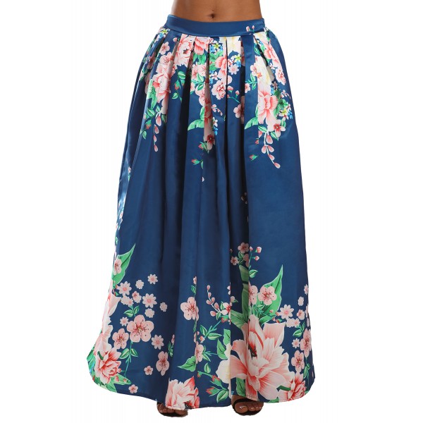 Navy Coral Floral Elegant Flared Maxi Skirt