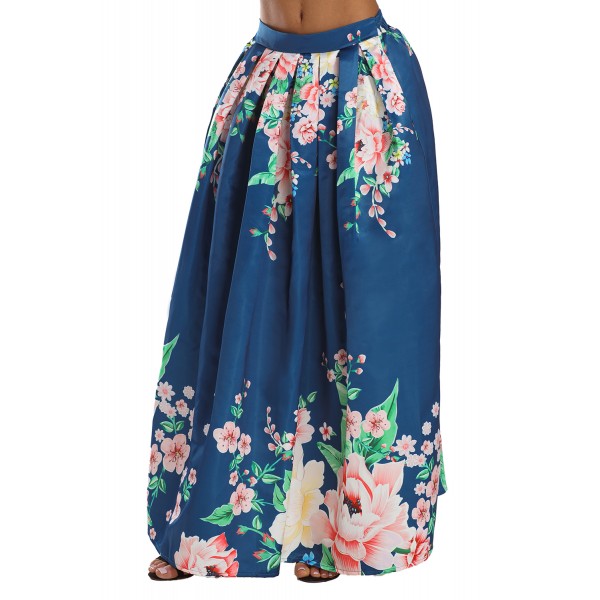 Navy Coral Floral Elegant Flared Maxi Skirt