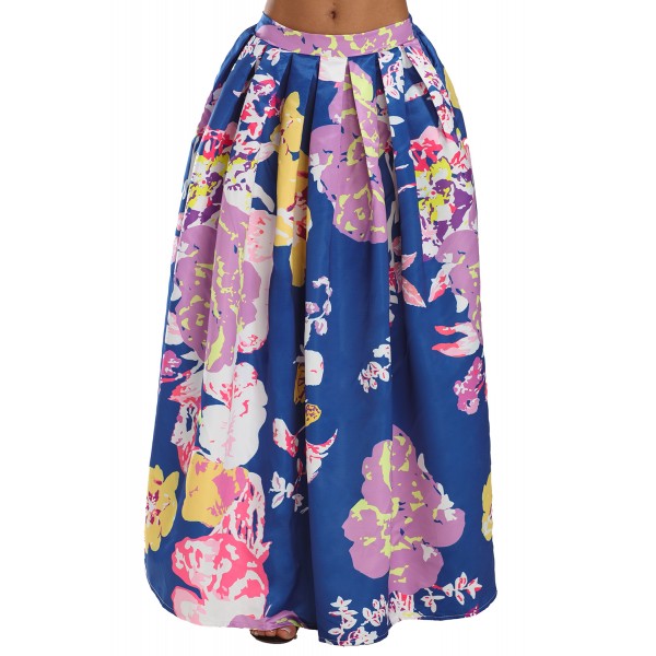 Navy Lilac Floral Elegant Flared Maxi Skirt