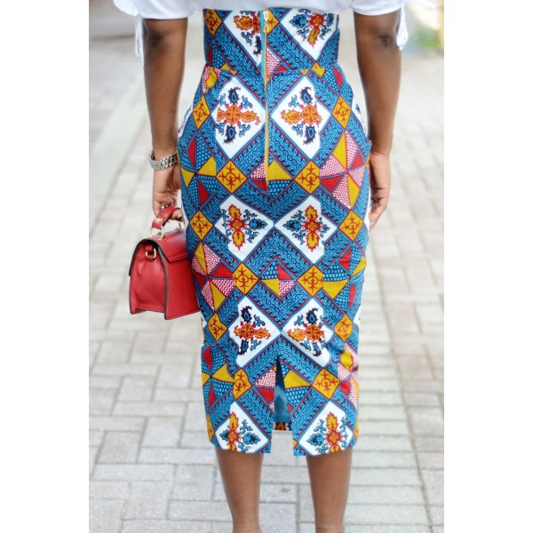 Bluish African Print High Waist Bodycon Pencil Skirt