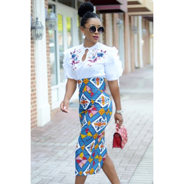 Bluish African Print High Waist Bodycon Pencil Skirt