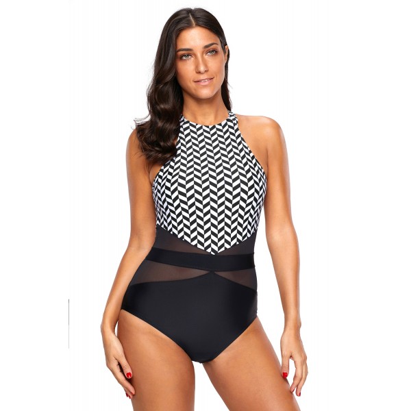 Black White Marble Bodice Cut out Back Monokini