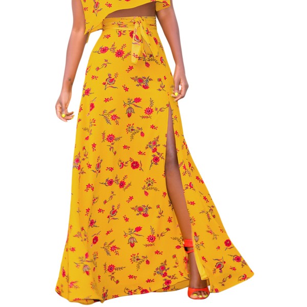 Yellow Floral Thigh Slit Maxi Skirt