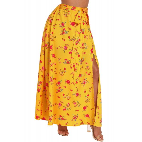 Yellow Floral Thigh Slit Maxi Skirt