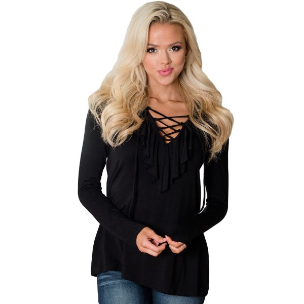 Black Ruffle Criss Cross Neck Top