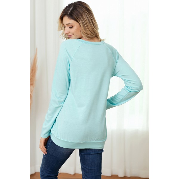 Gold Zip Detail Light Blue Pullover Sweatshirt