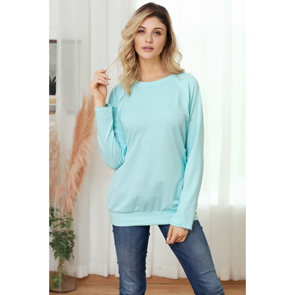 Gold Zip Detail Light Blue Pullover Sweatshirt