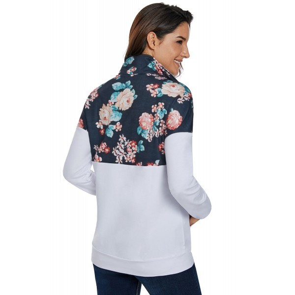 Floral Splice White Kangaroo Pocket Zip Collar Sweatshirt