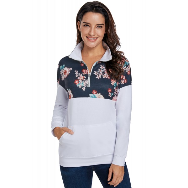 Floral Splice White Kangaroo Pocket Zip Collar Sweatshirt